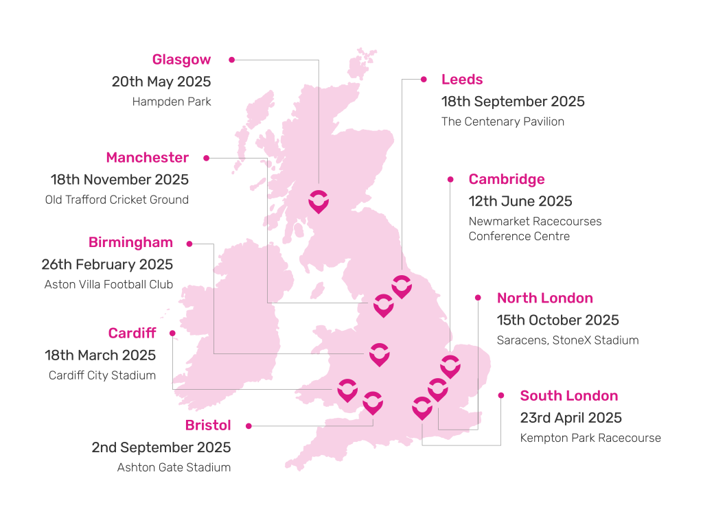 Map of UK event locations and dates for Marketplace Live 2025, including Glasgow, Manchester, Birmingham, Cardiff, Bristol, Leeds, Cambridge, and London on a white background.