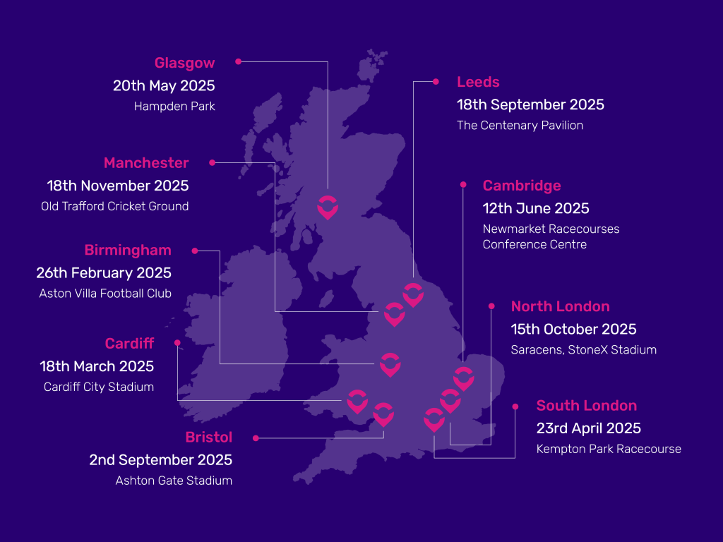Map of the UK highlighting event locations and dates of Marketplace Live events in 2025, including Glasgow, Manchester, and Birmingham, on a purple background.