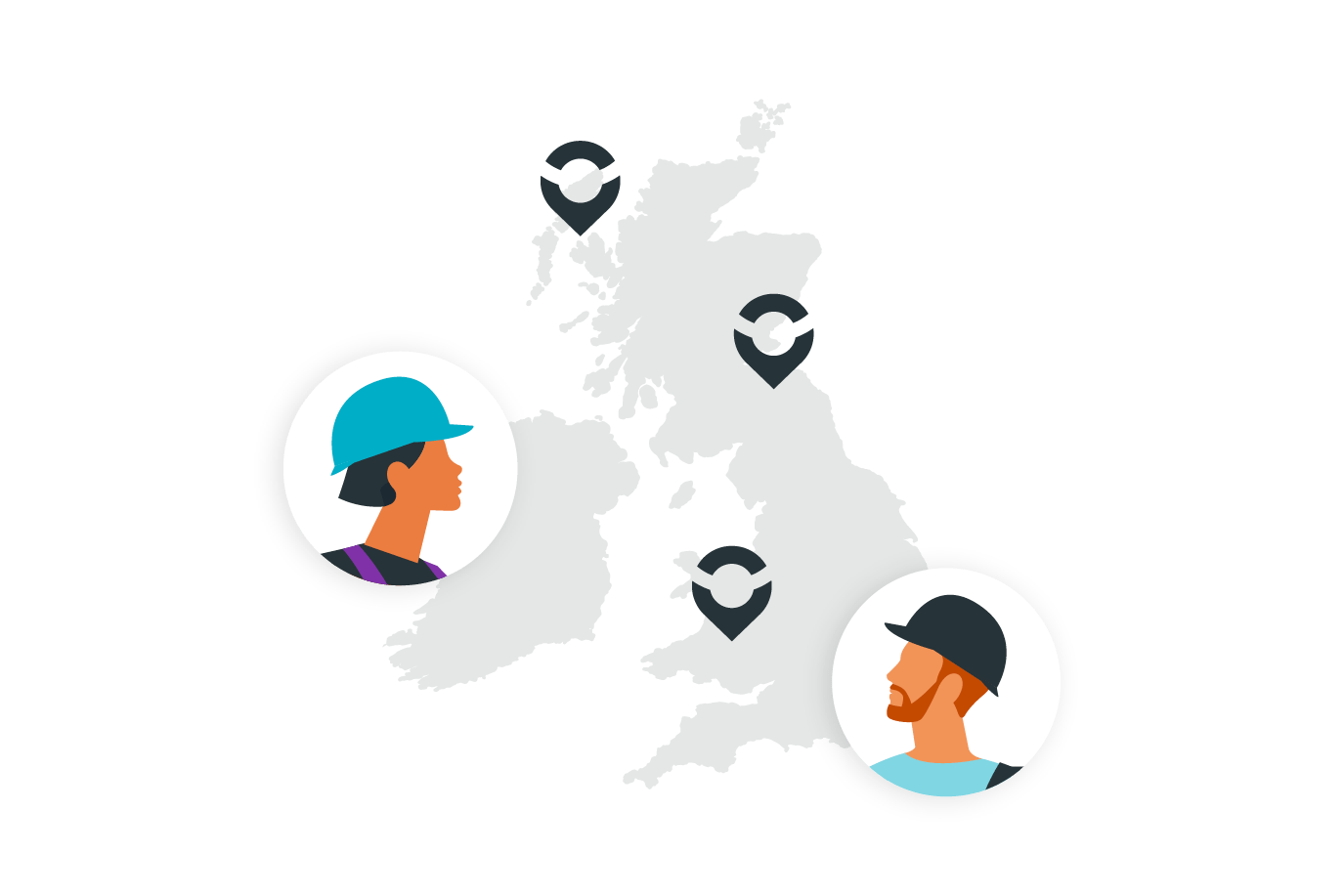 Map of the UK highlighting locations of Marketplace Live Events with two workers wearing hard hats, one with a blue cap and the other with a black cap.