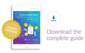 A digital tablet displays an award-winning guide titled "3 New Golden Rules for the Procurement Act" with a download button.