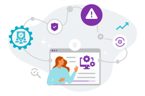 A woman gesturing towards a computer screen displaying gears, icons of supply chain management, risk, tender documentation and compliance metrics in a tech-themed design.