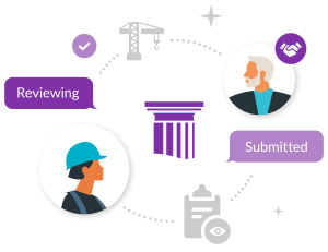 Illustration showing a construction worker and a professional engaged in a process of reviewing and submitting risk assessment method statement documents, with icons of a crane and a column.