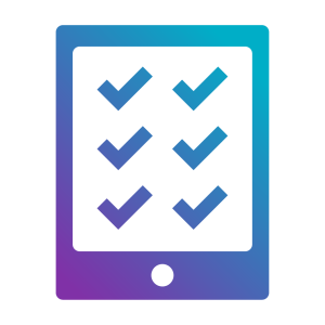 A stylised tablet icon displaying multiple checkmarks, representing confirmation or task completion.