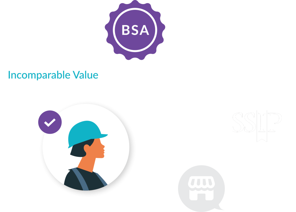 A graphic depicting key concepts: a worker, assessment standards, value, and certification logos, emphasizing industry evaluation and quality.