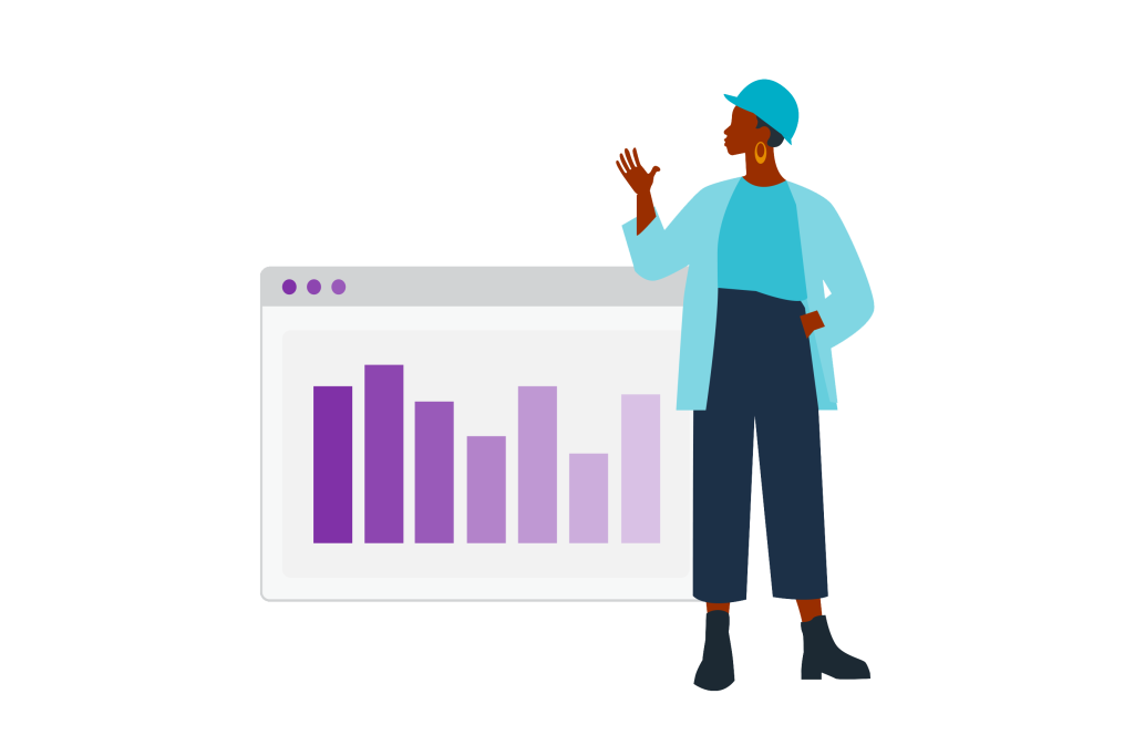 A woman in a blue outfit and cap gestures towards a bar graph displayed on a computer screen, illustrating data presentation.