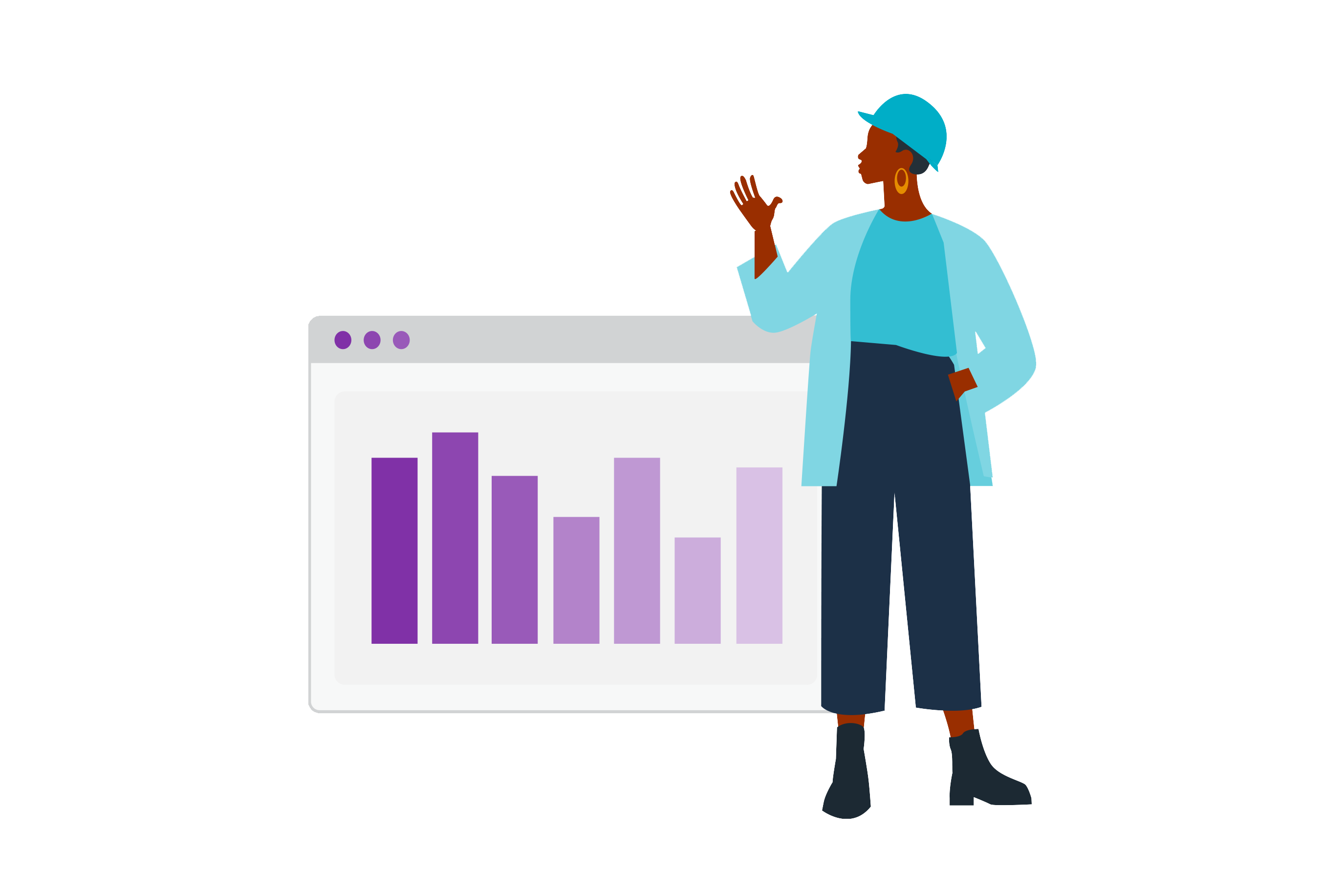A woman in a blue outfit and cap gestures towards a bar graph displayed on a computer screen, illustrating data presentation.