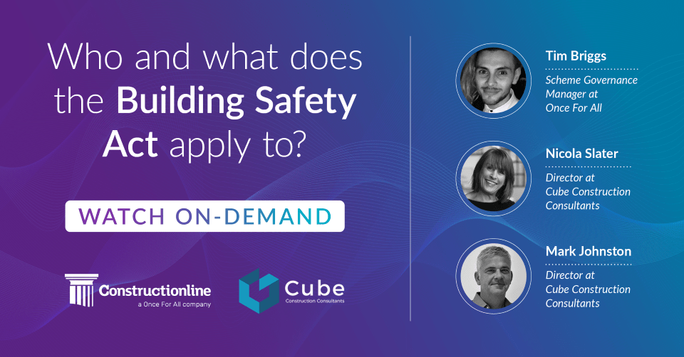 Graphic promoting a webinar on the Building Safety Act with speaker names and their roles at construction companies. "Watch On-Demand" highlighted.