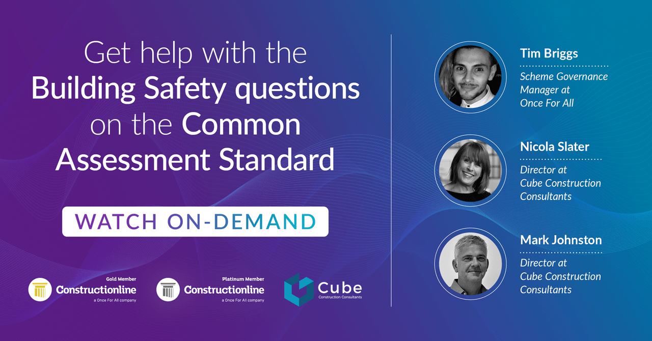 Graphic promoting on-demand help for Building Safety questions on the Common Assessment Standard, featuring industry professionals.