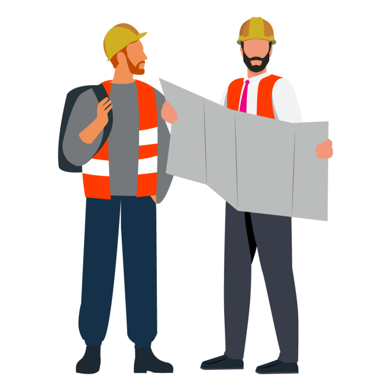 Two construction workers discuss plans. One holds a blueprint, while the other carries a backpack, both wearing safety gear.