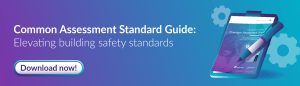 A digital tablet displays the "Common Assessment Standard Guide," emphasising safety standards in construction. Download button featured.