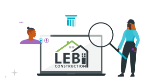 A woman holding a magnifying glass stands beside a laptop displaying a construction company logo and a video call interface.