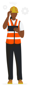 A confused construction worker in a hard hat and safety vest examines a tablet, with gears spinning above his head, symbolising stress.
