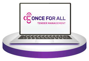 A laptop displaying the logo of "Once For All Tender Management," featuring a dollar sign and gears, on a circular purple base.