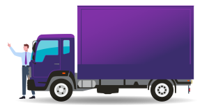 A man in a blue shirt and tie gestures beside a purple delivery truck, showcasing its large cargo space.
