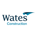 Logo of Wates Construction featuring bold text in dark blue and a curved teal graphic element above the name.