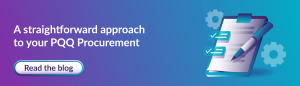 Graphic promoting a blog titled "A straightforward approach to your PQQ Procurement," featuring a checklist and pen illustration.