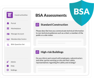 A digital interface displaying BSA assessments on construction safety, with questions about communication and high-risk building protocols.