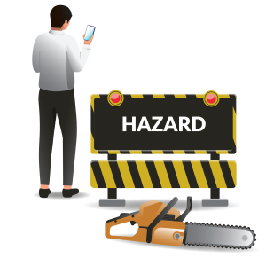 A person checks their phone near a hazard sign and a chainsaw, indicating a potential danger zone.