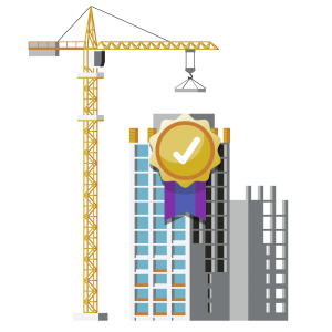 A construction crane next to two buildings, one finished with a certification badge symbolising quality or completion.