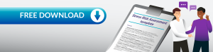 A downloadable document titled "Stress Risk Assessment Template" with a blue button marked "FREE DOWNLOAD" and two people discussing.
