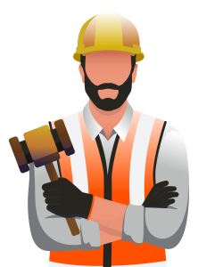 A male construction worker with a beard, wearing a hard hat and safety vest, holding a mallet and crossing his arms confidently.