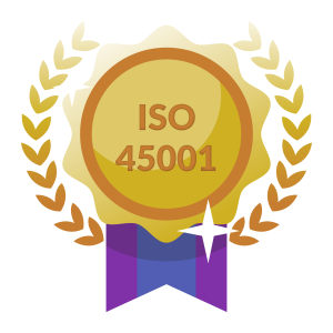 Iconic gold medal with "ISO 45001" text, surrounded by laurel leaves, symbolising occupational health and safety certification.
