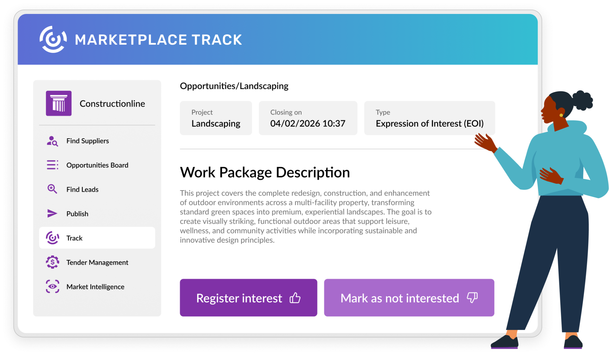 An illustration of a woman looking at a digital dashboard labeled "MARKETPLACE TRACK," showing the description and details for a work package.