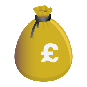 A yellow money bag tied with a black ribbon, featuring a white pound sterling symbol on the front.