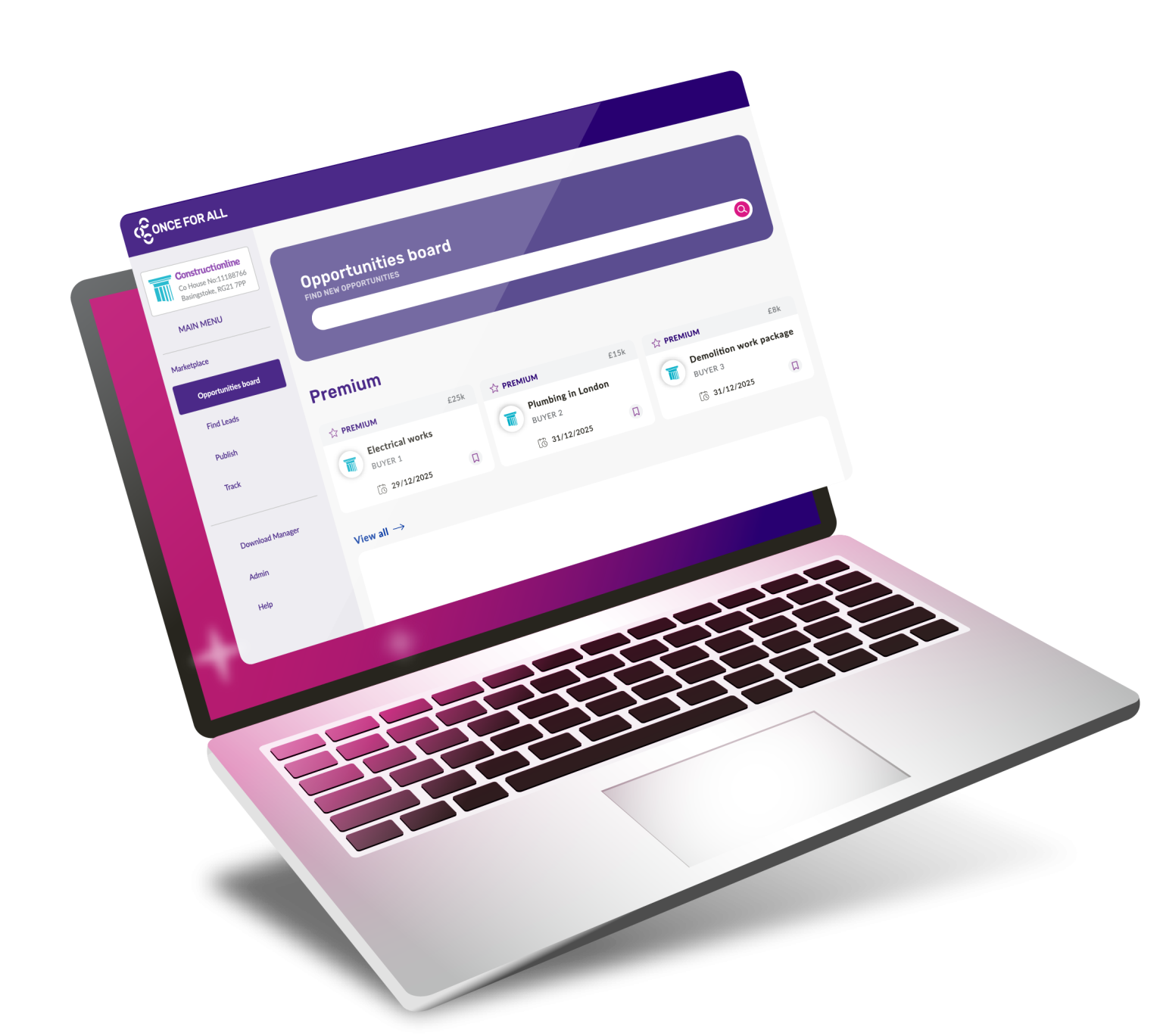 An illustration of an open laptop showing the "Once For All" Opportunities board, listing premium job packages