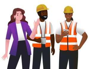 A group of three construction workers, two in orange safety vests and hard hats, and one in a purple jacket, engaged in conversation.