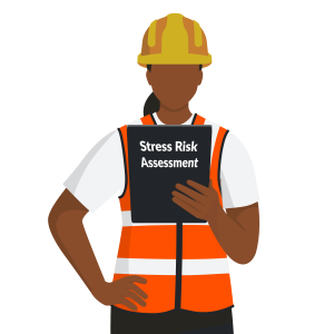 A construction worker in a hard hat and safety vest holds a clipboard labeled 'Stress Risk Assessment.'