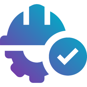 “Icon of a construction hard hat combined with a gear symbol, shown in a blue-to-purple gradient, with a circular checkmark on the right