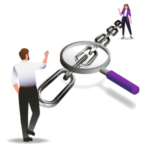 A man waves while a magnifying glass focuses on a chain link, symbolising connection and scrutiny in a digital context.