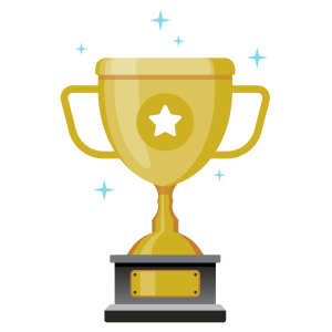 A shiny gold trophy with a star emblem, resting on a black base, surrounded by sparkling blue accents.