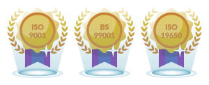 Three gold medallions with laurel wreaths, labeled ISO 9001, BS 99001, and ISO 19650, symbolising quality certifications.