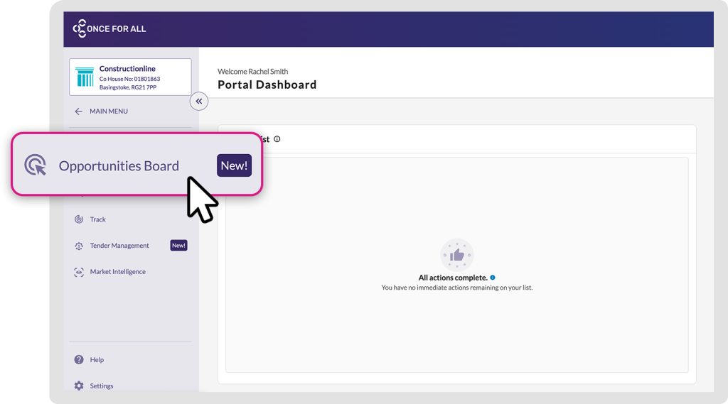 Screenshot of a user dashboard displaying the "Opportunities Board" feature with a notification of "New!" and user options on the sidebar.
