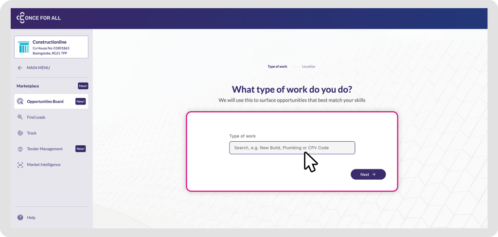 Dashboard showcasing search bar to showcase opportunities that best match your skills