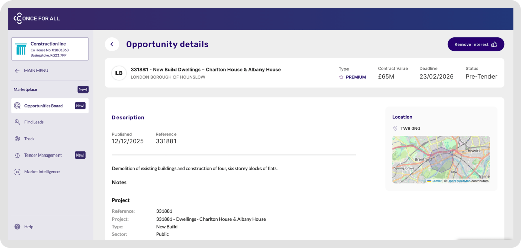 Screenshot displaying opportunity details for a construction project in Hounslow, including project description, deadlines, and contract value.