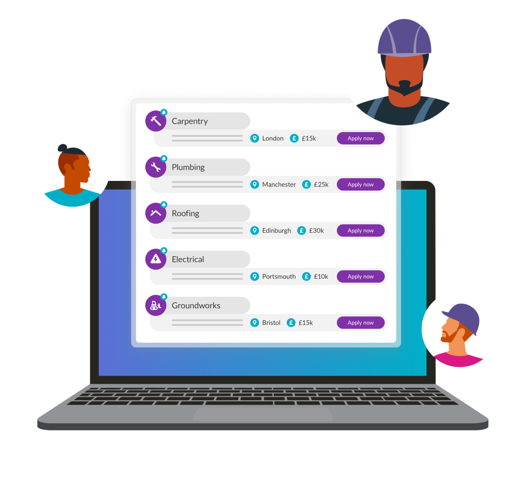 A graphic showing a laptop displaying a list of construction leads on a website interface, set against a background of purple spheres and three illustrated worker avatars around the screen.