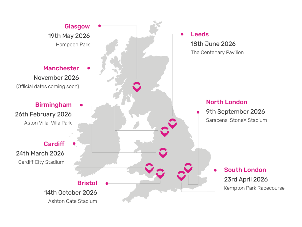 Map of UK Marketplace Live dates and venues from May to October 2026, including cities like Glasgow, Manchester, and Cardiff.