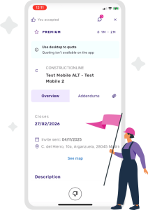 Mobile app interface showing a project overview with details like closing date, address, and a construction worker holding a pink flag.