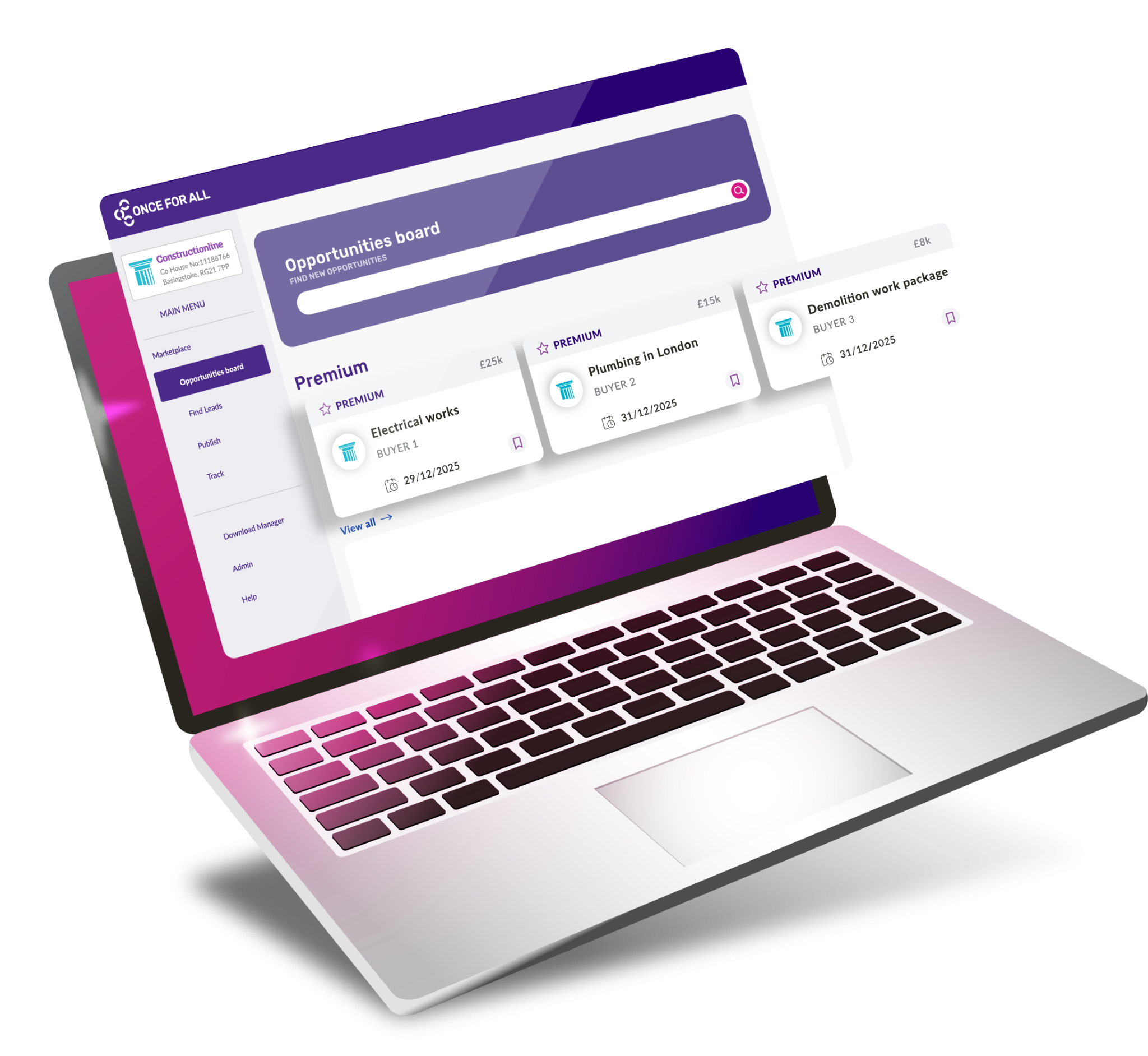 A laptop illustration showing an "Opportunities board" website with premium job listings.