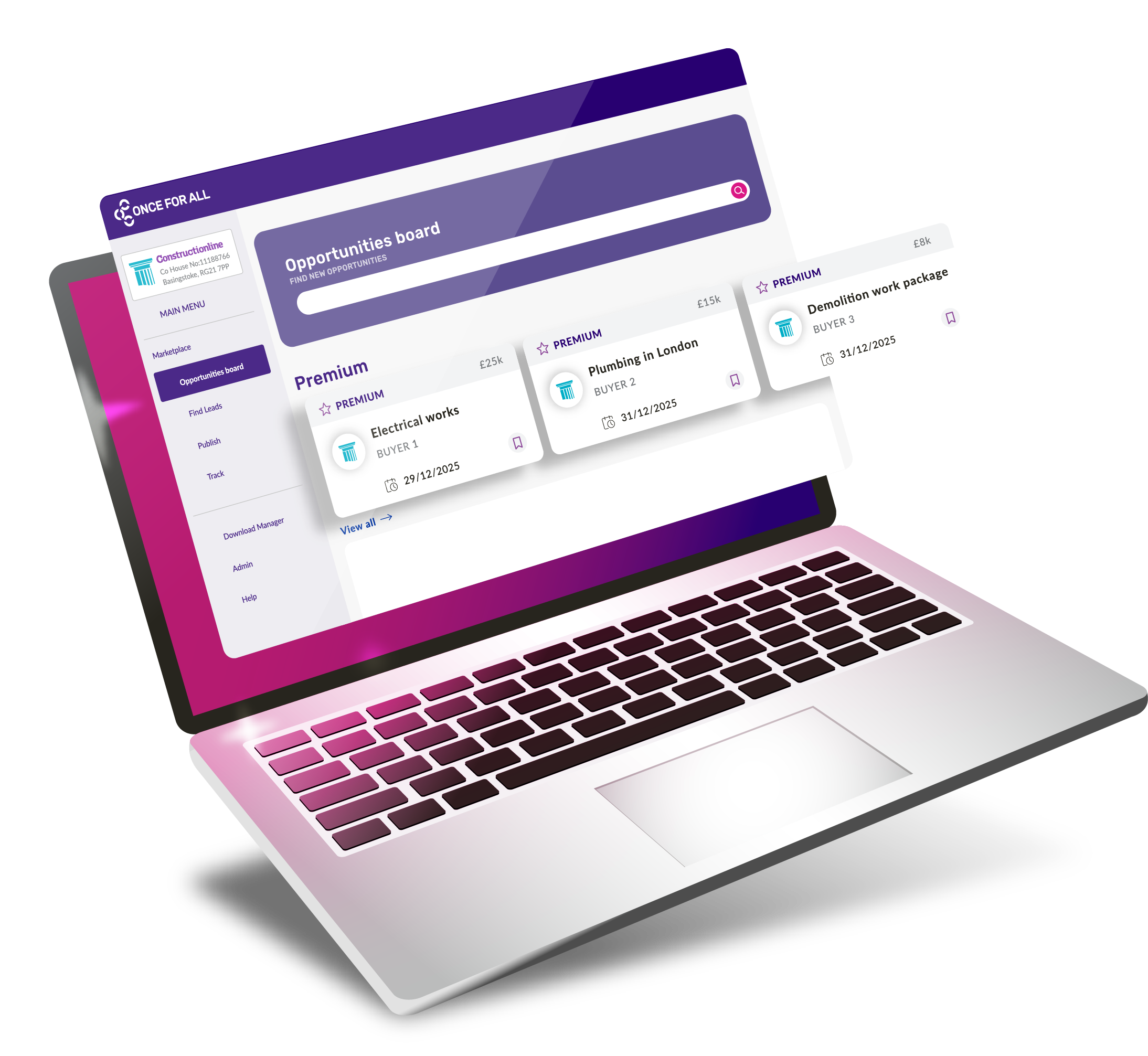 A laptop illustration showing an "Opportunities board" website with premium job listings.