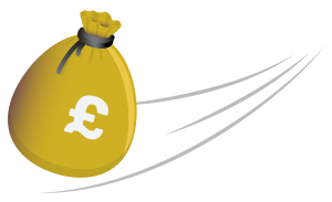 A stylised yellow money bag with a pound symbol, featuring motion lines suggesting it is being thrown or moving quickly.