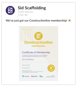 Certificate from Constructionline confirming Sid Scaffolding as a Gold Member; issued 23/12/2025. Celebration announcement included.