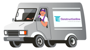 A gray delivery van with a "Constructionline" logo, driven by a person in a white shirt and purple overalls, is shown.