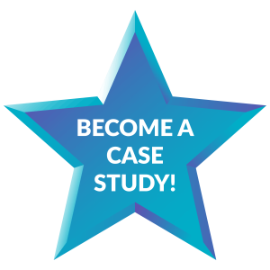 A blue and teal star with the text "BECOME A CASE STUDY!" prominently displayed in bold white letters.