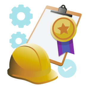 image featuring yellow construction hat, clipboard, rosette and blue cogs.