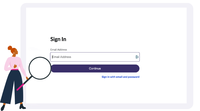 A tablet screen displays a sign-in form with an email address field and a "Continue" button, alongside a cartoon character holding a magnifying glass.