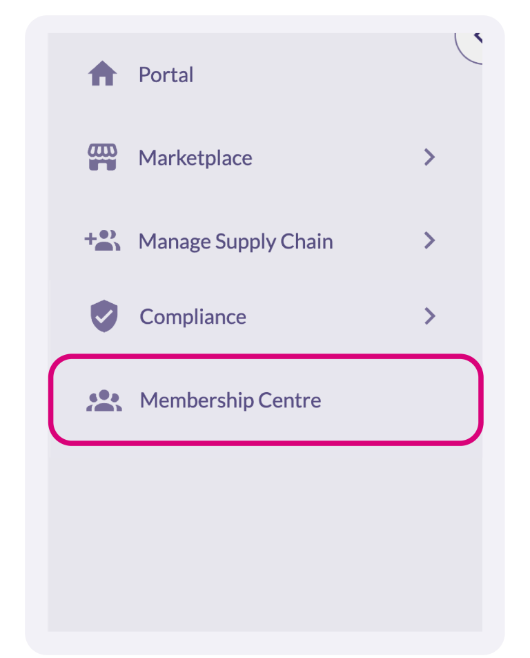 Navigation menu displaying options: Portal, Marketplace, Manage Supply Chain, Compliance, and highlighted Membership Centre.